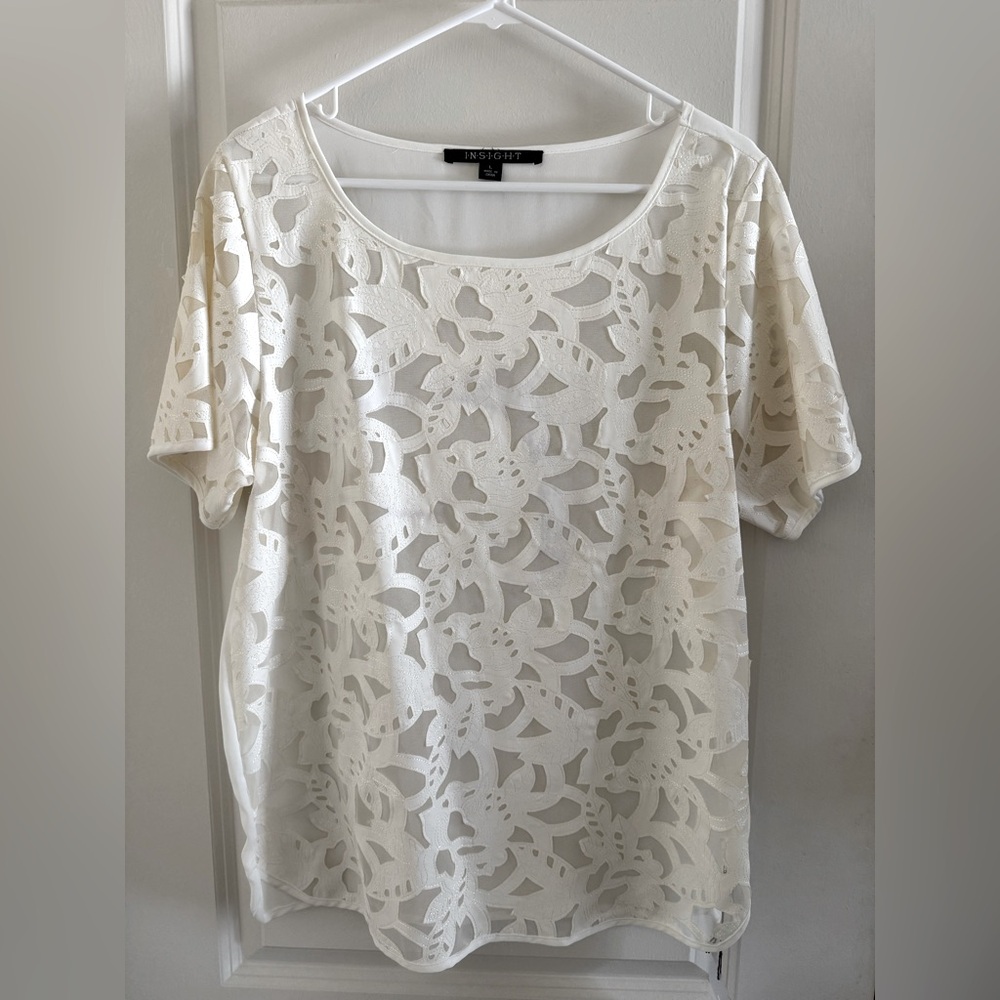 NWT Insight White Cut Out Sheer Short Sleeve Top Size Large
